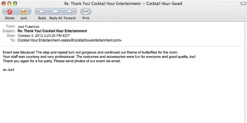 client letter feedback cocktail hour entertainment
