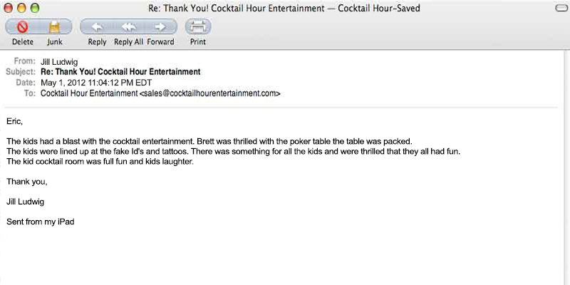 client letter feedback cocktail hour entertainment