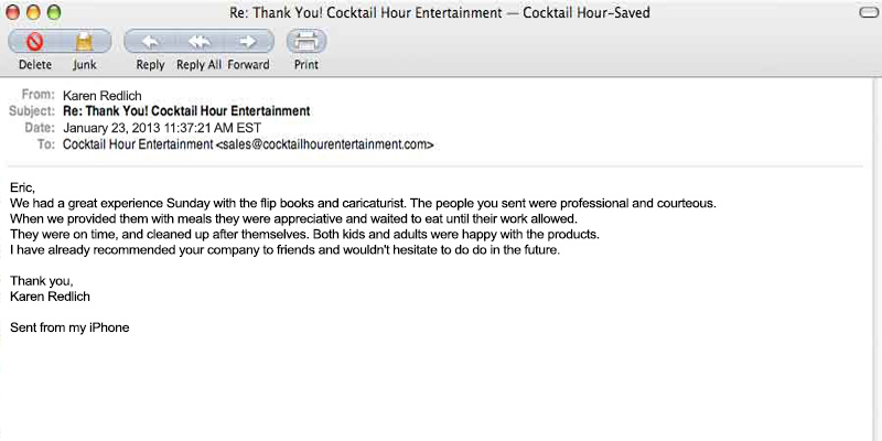 cocktail hour entertainment client letter feedback eric cutler