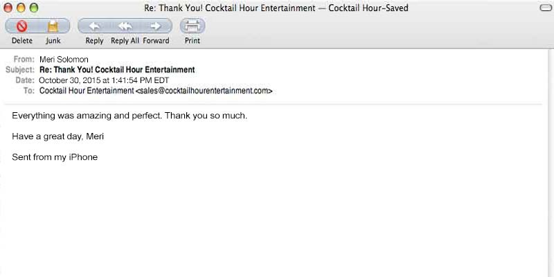 client letter cocktail hour entertainment feedback