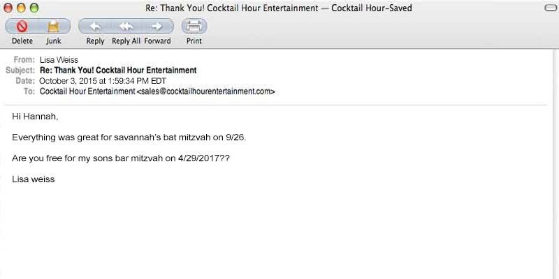 client letter review feedback cocktail hour entertainment